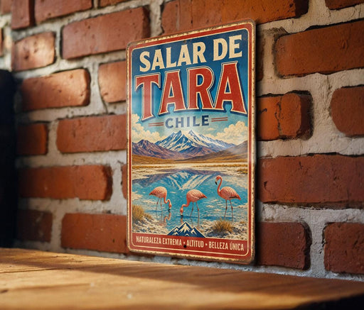 A vintage metal sign with the text "SALAR DE TARA CHILE" and a scenic illustration of a mountain range, water, and flamingos.