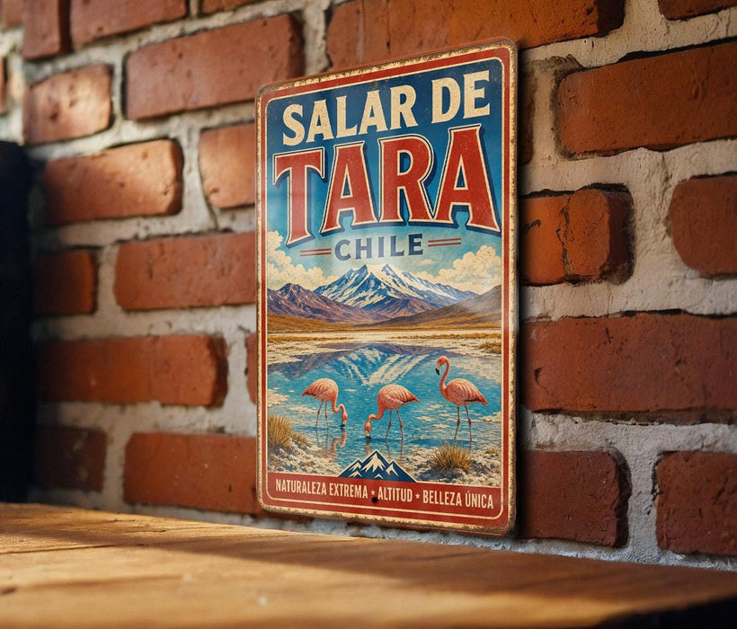 A vintage metal sign with the text "SALAR DE TARA CHILE" and a scenic illustration of a mountain range, water, and flamingos.