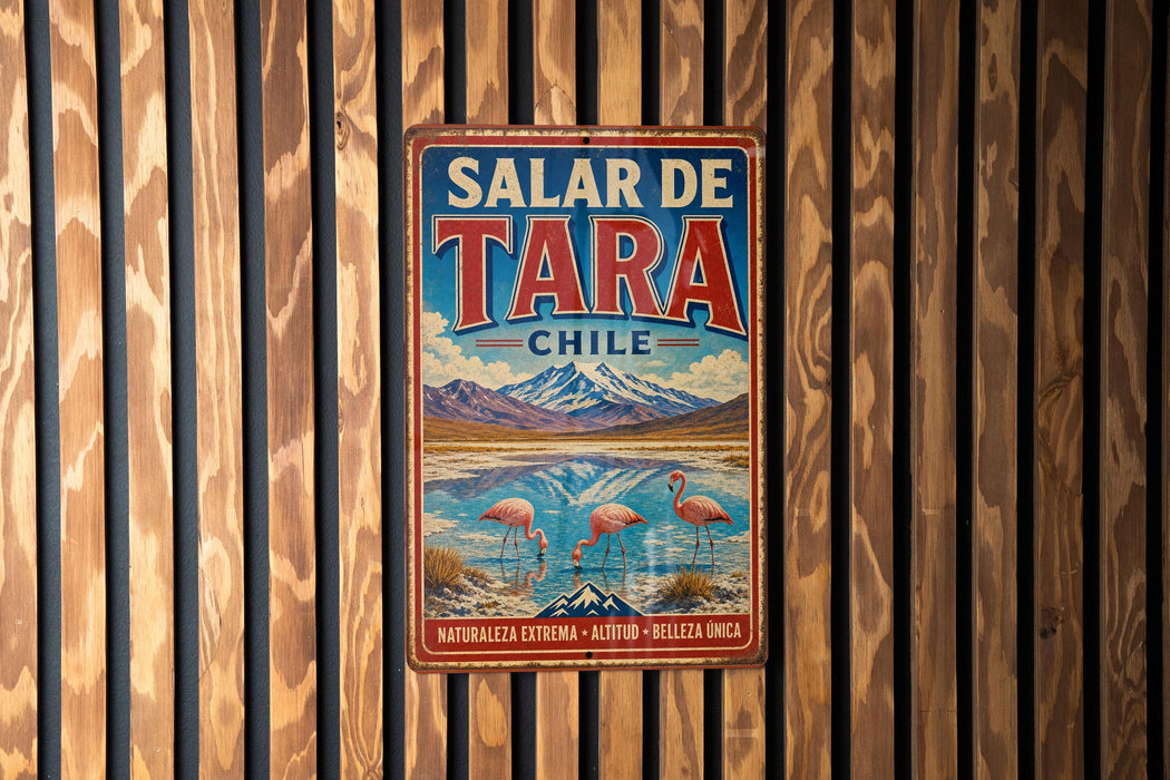 A vintage metal sign with the text "Salar de TARA CHILE" and an illustration of a flamingo in a lake, mounted on a wooden wall.