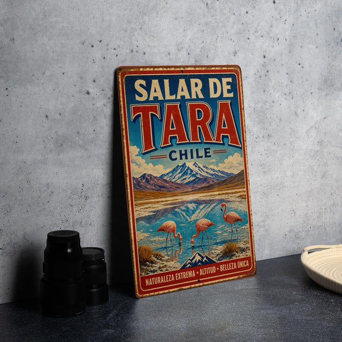 A vintage metal sign with the text "SALAR DE TARA CHILE" and an illustration of a scenic landscape with mountains, water, and flamingos.