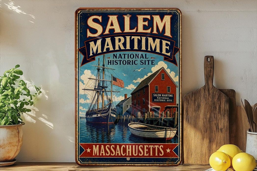 a vintage-style metal sign for Salem Maritime National Historic Site in Massachusetts, with a depiction of a ship and a building.