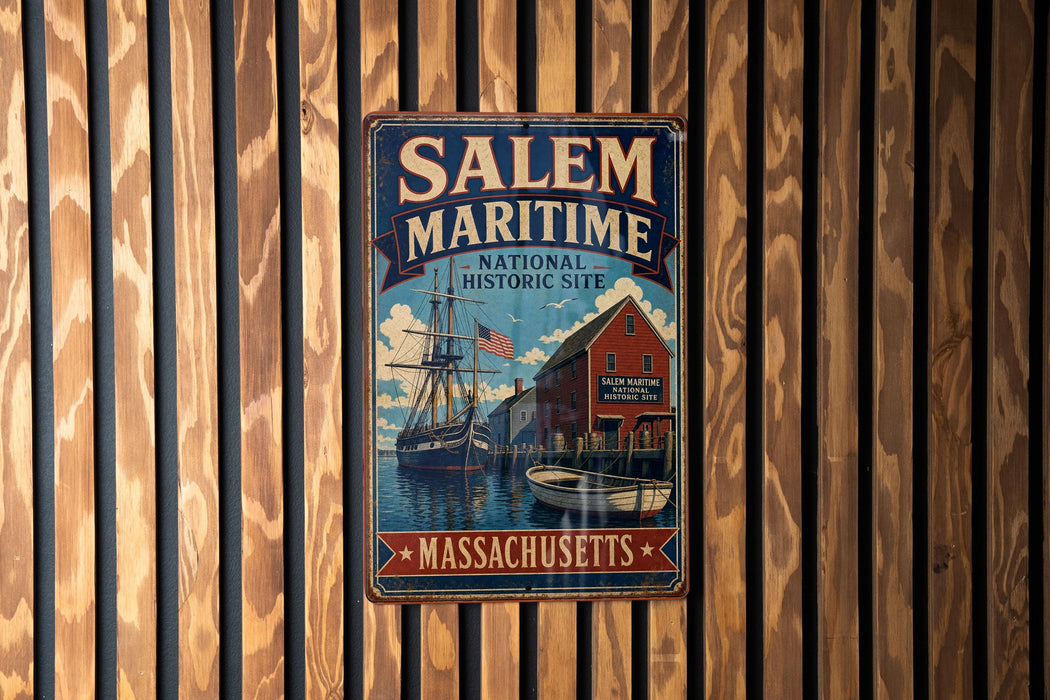 A vintage metal sign for Salem Maritime National Historic Site in Massachusetts, featuring an illustration of a ship and a building.