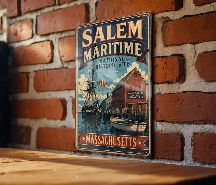 A vintage metal sign for Salem Maritime National Historic Site in Massachusetts, featuring a ship and a building, is displayed on a brick wall.