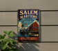 A vintage metal sign for Salem Maritime National Historic Site in Massachusetts, featuring a ship and a building, is displayed on a wall.
