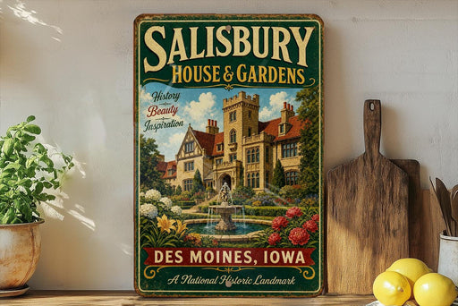 A vintage-style metal sign for Salisbury House & Gardens in Des Moines, Iowa, featuring a castle-like building surrounded by gardens and a fountain.