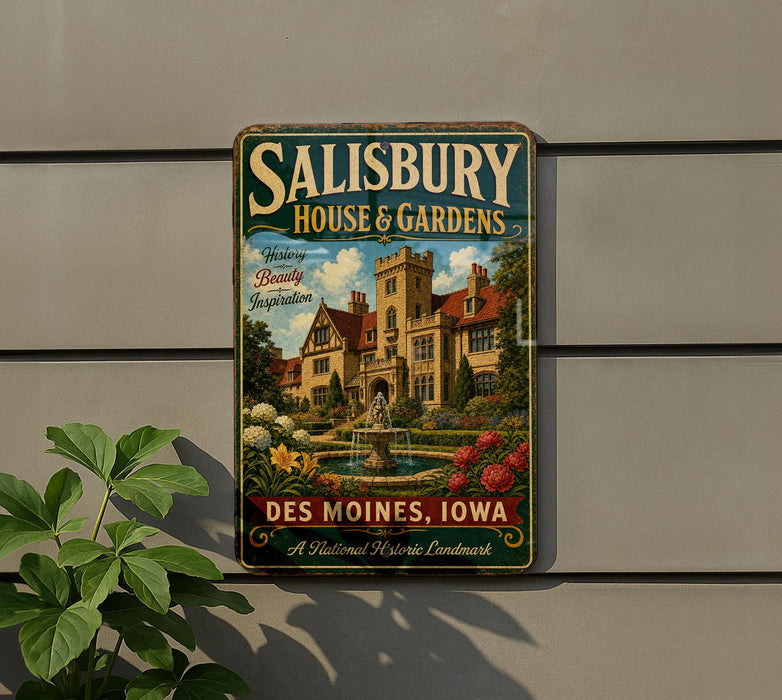 A vintage-style sign for Salisbury House & Gardens in Des Moines, Iowa, featuring a castle-like building surrounded by gardens and a fountain.