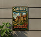 A vintage-style sign for Salisbury House & Gardens in Des Moines, Iowa, featuring a castle-like building surrounded by gardens and a fountain.