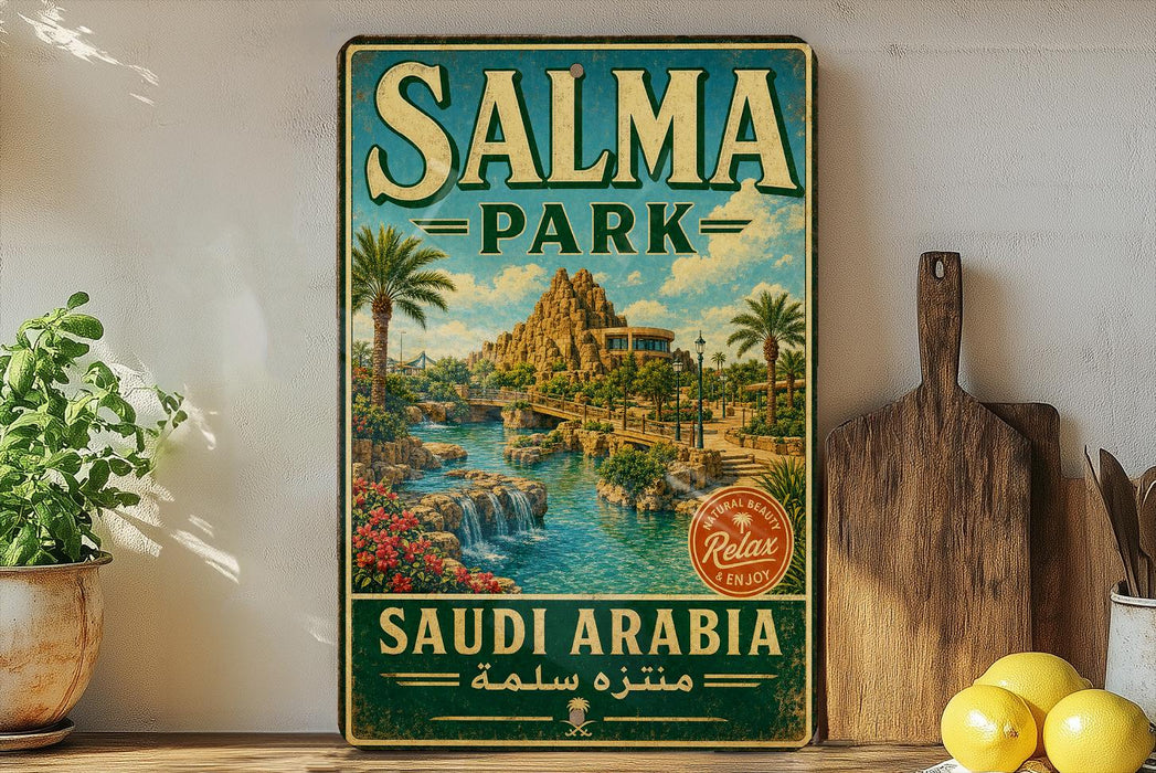 A vintage-style metal sign for Salma Park in Saudi Arabia, featuring a scenic landscape with palm trees, waterfalls, and a castle-like structure.