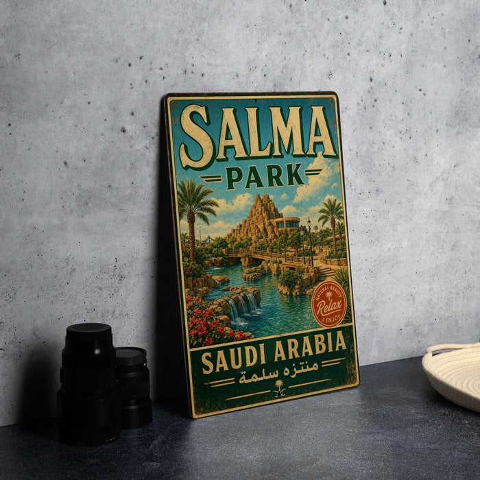 A vintage metal sign for Salma Park in Saudi Arabia, featuring a scenic illustration of the park and its surroundings.