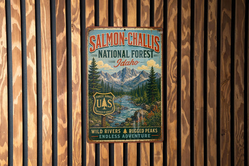 A vintage-style metal sign for the Salmon-Chalis National Forest in Idaho, featuring a scenic mountain landscape with a river and pine trees.