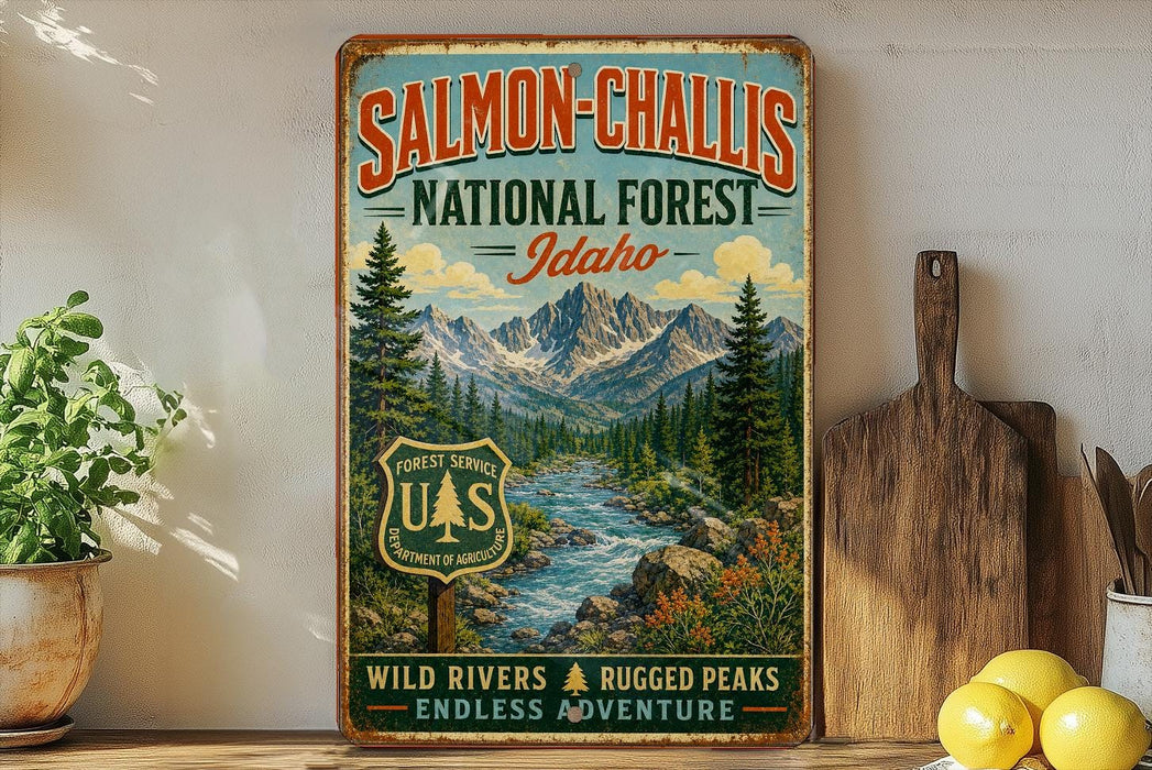 A vintage-style sign for Salmon-Challa's National Forest in Idaho, featuring a scenic mountain landscape with a river and pine trees.