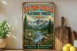 A vintage-style sign for Salmon-Challa's National Forest in Idaho, featuring a scenic mountain landscape with a river and pine trees.