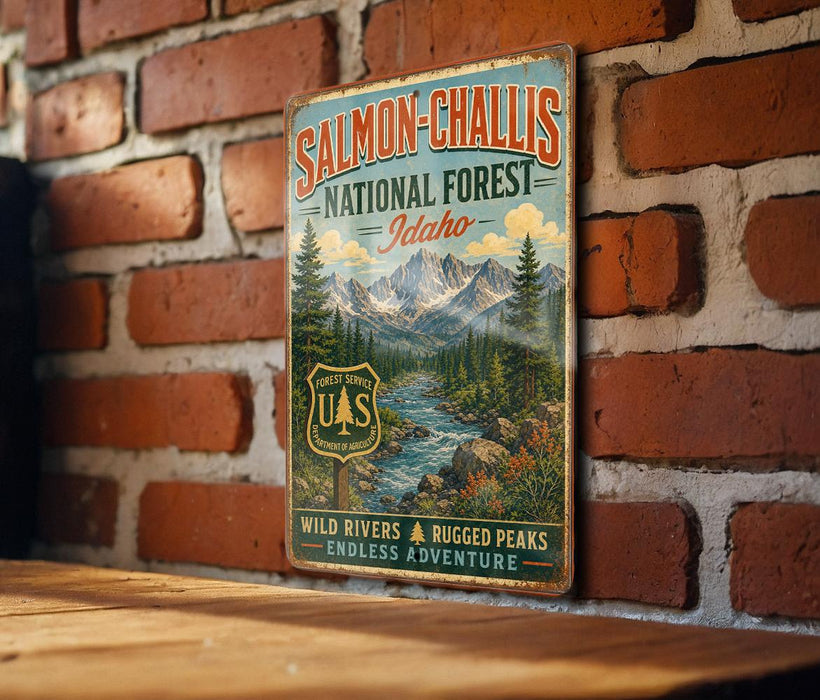 A vintage-style metal sign for Salmon-Chalis National Forest in Idaho, featuring a scenic mountain landscape with a river and pine trees.