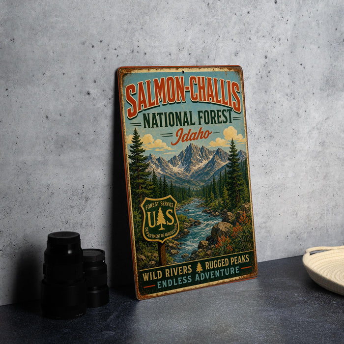 A vintage-style sign for Salmon-Challa's National Forest in Idaho, featuring a mountain landscape and a river.