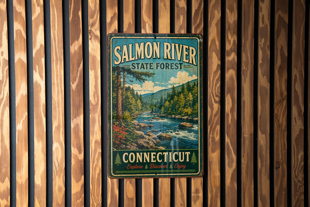 A vintage metal sign for the Salmon River State Forest in Connecticut, featuring a scenic image of a river surrounded by pine trees and mountains.