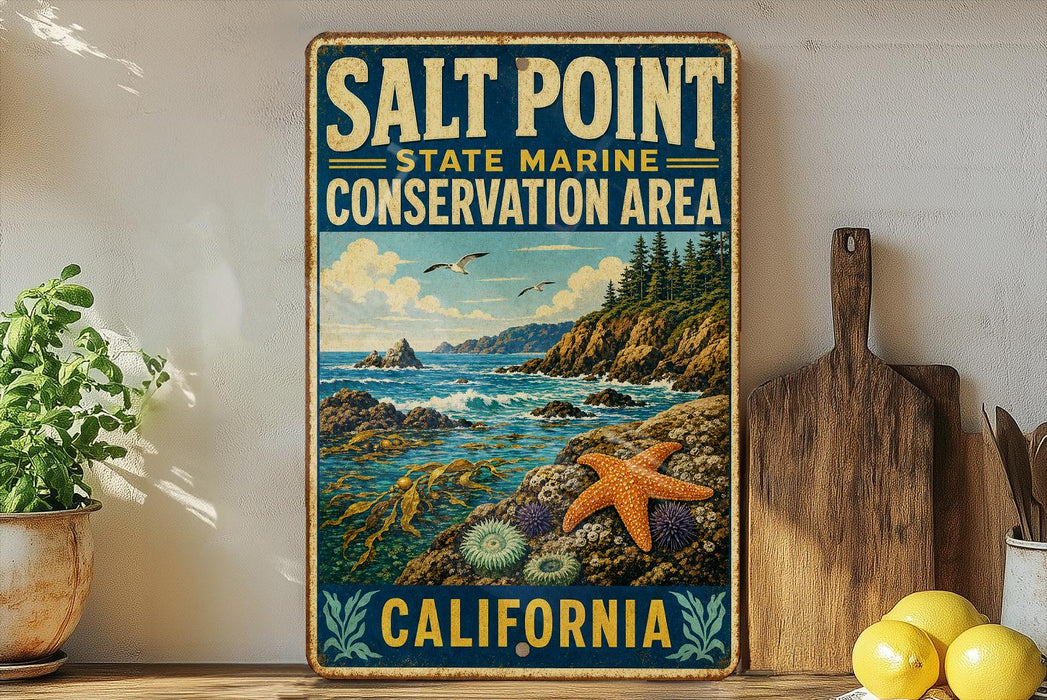 A vintage-style metal sign for the Salt Point State Marine Conservation Area in California, featuring a scenic coastal landscape with a starfish and other marine life.
