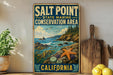 A vintage-style metal sign for the Salt Point State Marine Conservation Area in California, featuring a scenic coastal landscape with a starfish and other marine life.