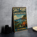 A vintage metal sign for the Salt Point State Marine Conservation Area in California, featuring a scenic coastal landscape with a starfish and other marine life.
