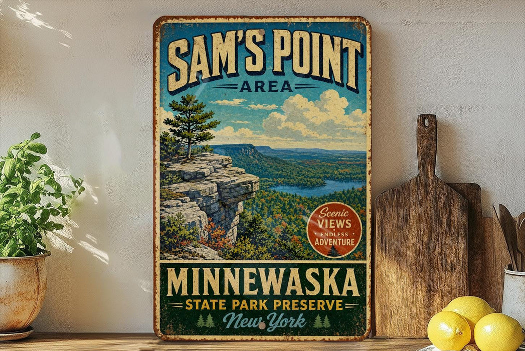 A vintage-style sign for Sam's Point Area in Minnewaska, New York, featuring a scenic mountain landscape with a lake in the background.