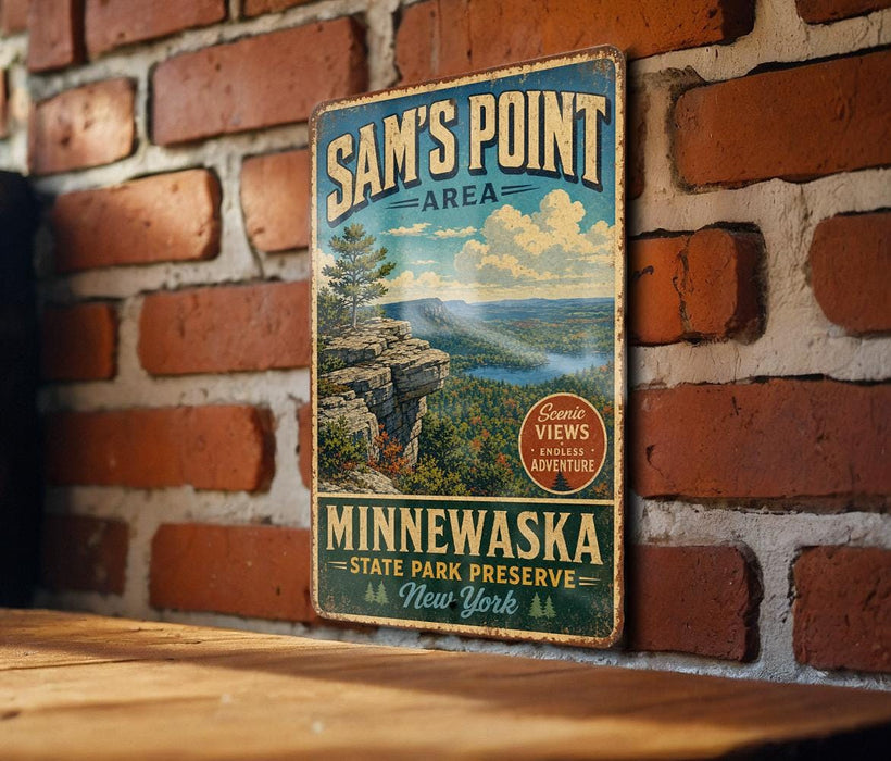 A vintage-style metal sign for Sam's Point Area, Minnewaska State Park, New York, featuring a scenic mountain landscape.