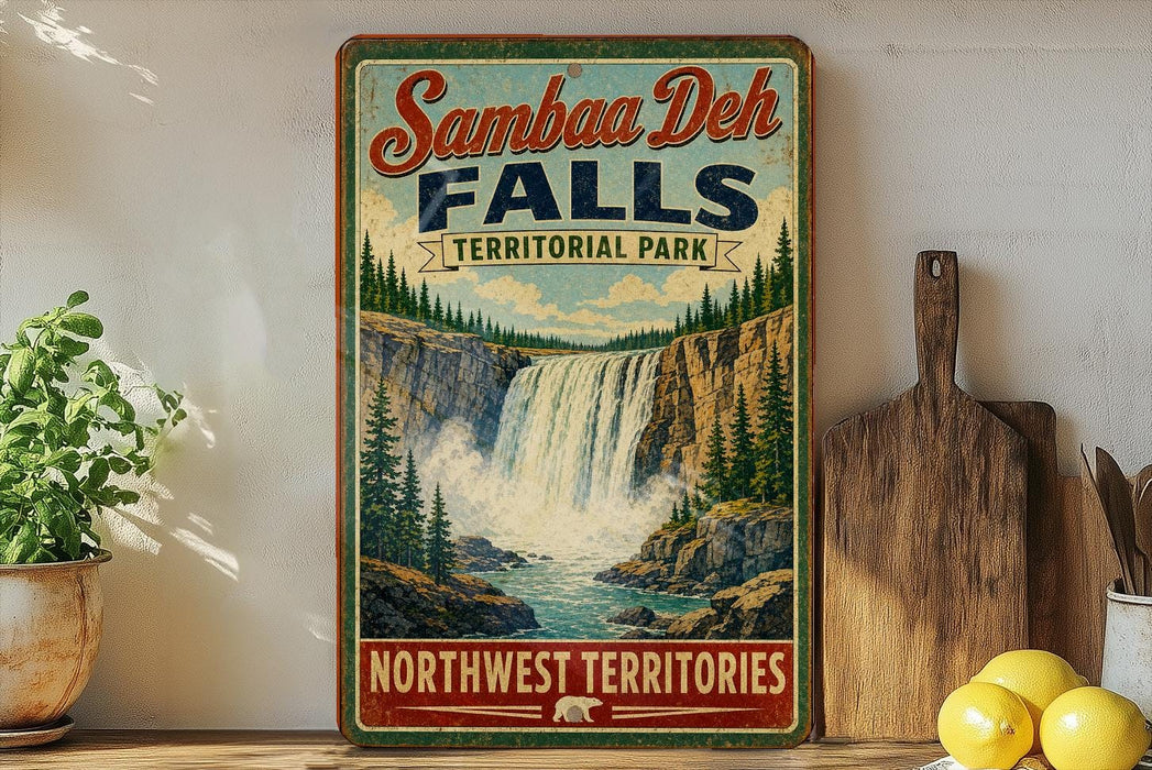 A vintage-style sign for Samboa Deh Falls, a famous waterfall located in Northwest Territories, Canada.