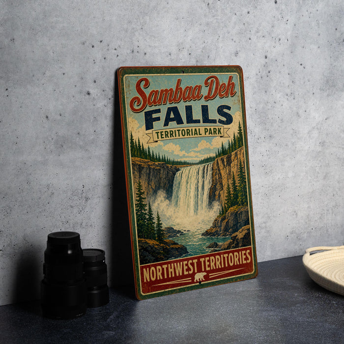 A vintage-style sign for Samba Deh Falls, a famous waterfall located in Northwest Territories, Canada.