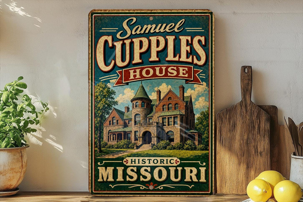 A vintage-style sign for "Samuel Cupples House" in Missouri, featuring an illustration of a historic building surrounded by trees.