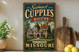 A vintage-style sign for "Samuel Cupples House" in Missouri, featuring an illustration of a historic building surrounded by trees.