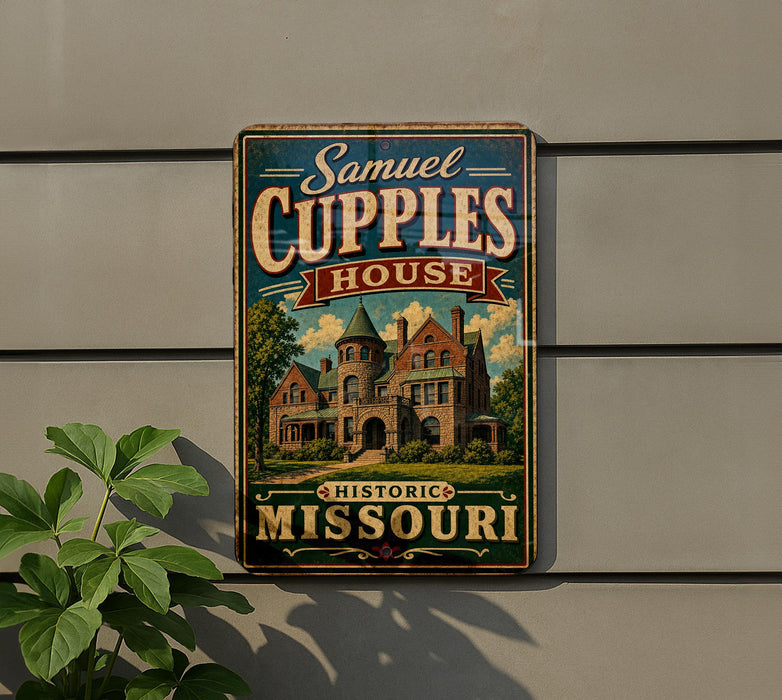 A vintage-style sign for "Samuel Cupples House" in historic Missouri, featuring an illustration of a large, ornate house surrounded by trees.