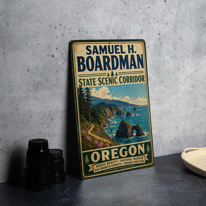 A vintage-style metal sign for the State Scenic Corridor in Oregon, featuring a scenic coastal landscape with mountains, trees, and the ocean.
