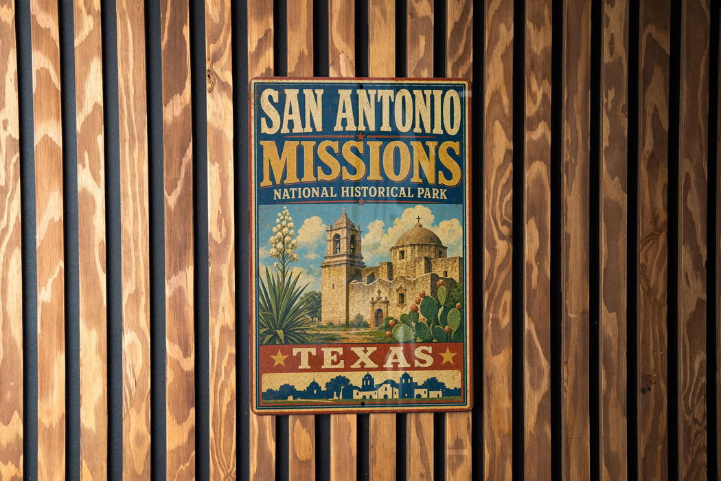 A vintage-style sign for San Antonio Missions National Historical Park, featuring an illustration of the Mission San Antonio and the surrounding landscape.