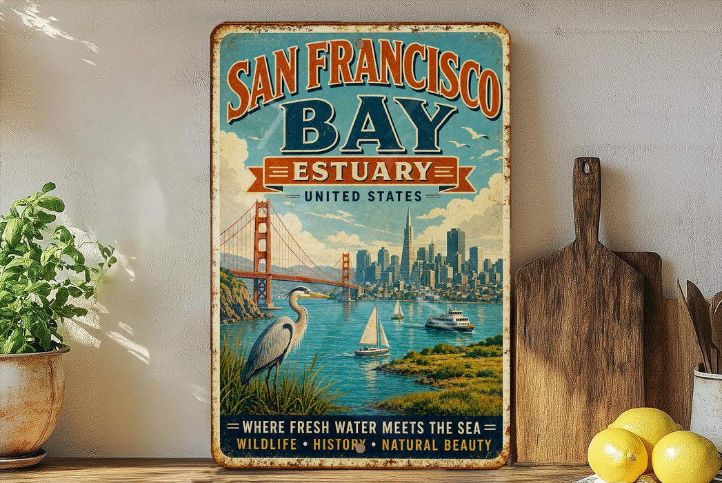 A vintage-style metal sign for San Francisco Bay, featuring a cityscape with the Golden Gate Bridge and sailboats, along with the text "SAN FRANCISCO BAY ESTUARY UNITED STATES" and "WHERE FRESH WATER MEETS THE SEA WILDLIFE · HISTORY · NATURAL BEAUTY".