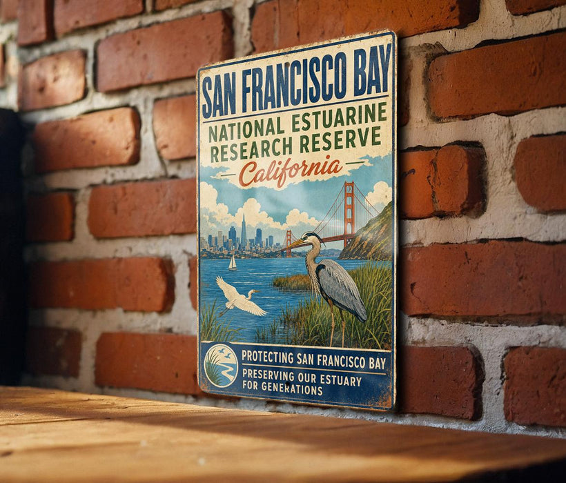 A vintage metal sign for the San Francisco Bay National Estuarine Research Reserve in California, featuring illustrations of the Golden Gate Bridge, a crane, and a bird.