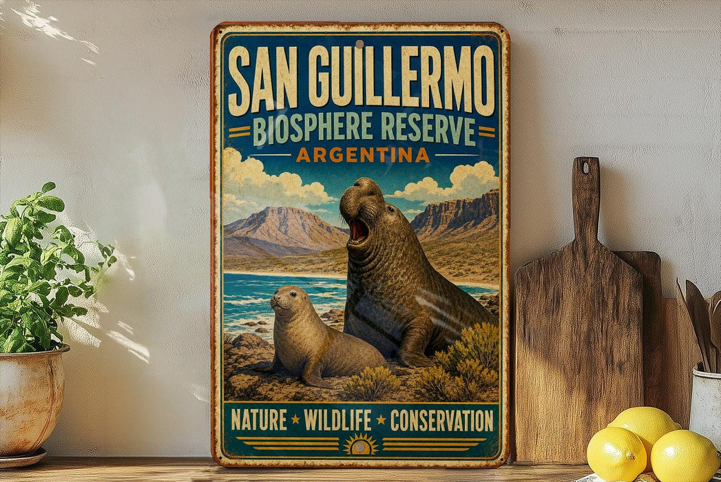 A vintage-style metal sign for San Guillermo Biosphere Reserve in Argentina, featuring a seal and a mountain landscape.