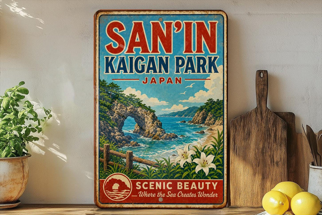 a vintage-style sign for San'In Kaigan Park, Japan, with a scenic landscape depicting a rocky arch, a beach, and a body of water. The sign is displayed on a shelf next to a wooden cutting board and a potted plant, creating a rustic and charming atmosphere.