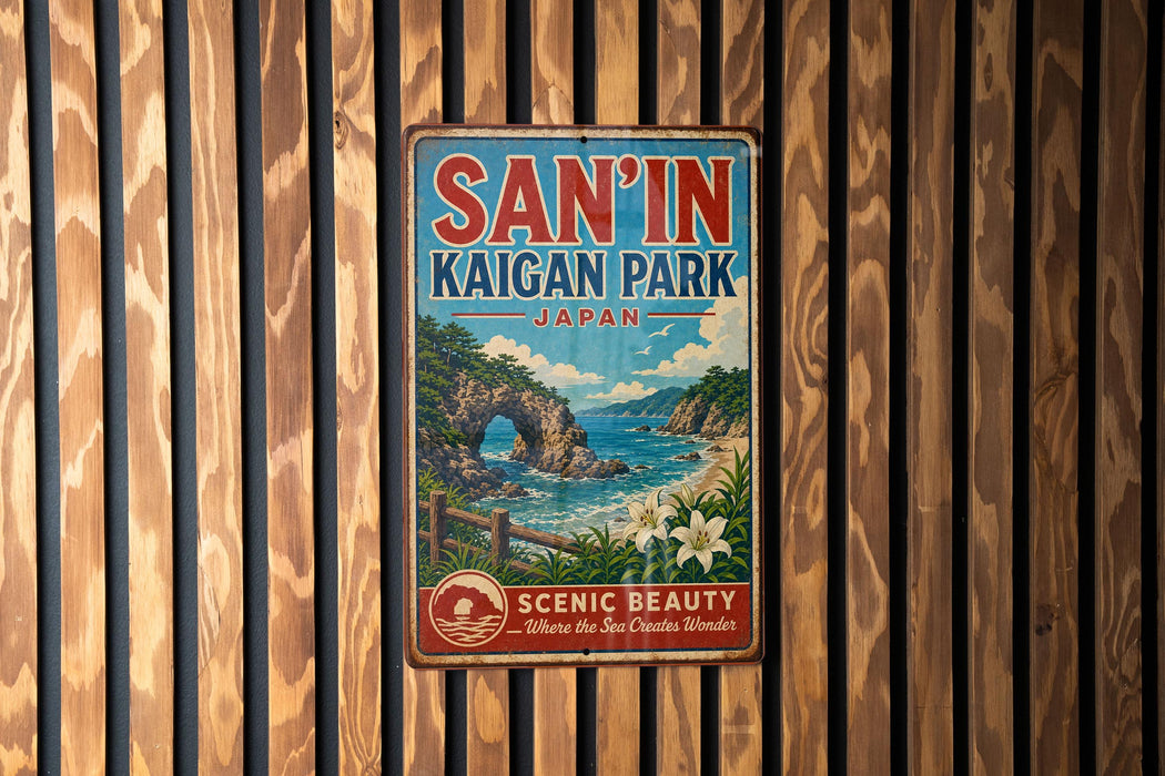 A vintage metal sign for San'In Kaigan Park, Japan, featuring a scenic landscape with a rocky arch, ocean, and flowers.