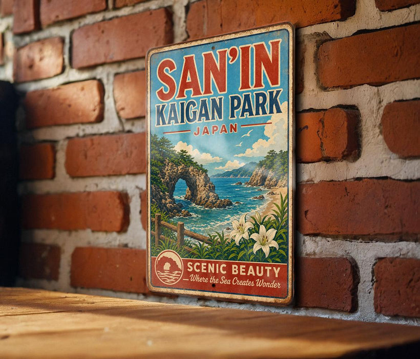 A vintage metal sign for San'In Kaigan Park in Japan, featuring a scenic landscape with a rocky arch, ocean, and flowers.