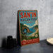A vintage-style metal sign for San'In Kaigan Park in Japan, featuring a scenic landscape with a beach, mountains, and a waterfall.