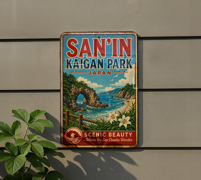 A vintage metal sign advertising San'In Kaigan Park, Japan, featuring a scenic landscape with a rocky arch, blue sky, and ocean.