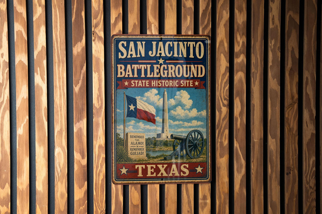 a vintage-style metal sign with the text "SAN JACINTO BATTLEGROUND" and "STATE HISTORIC SITE" displayed prominently. The sign also includes a depiction of a cannon and a Texas state monument, suggesting a connection to the state's history and military heritage.