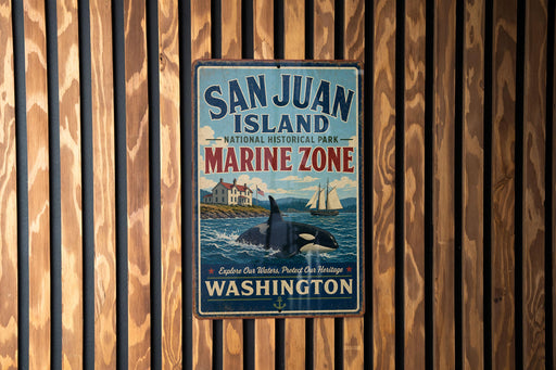 A vintage metal sign for the San Juan Island National Historical Park's Marine Zone, featuring an image of a whale and a sailboat, mounted on a wooden wall.
