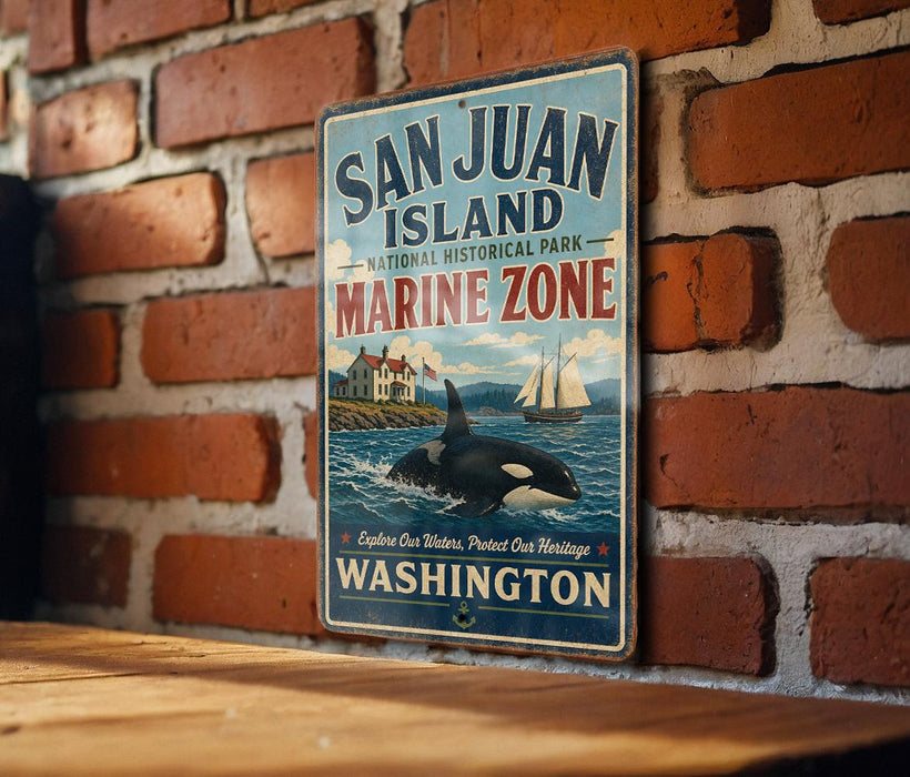 A vintage-style sign for San Juan Island National Historical Park, featuring an image of a whale and a sailboat, mounted on a brick wall.