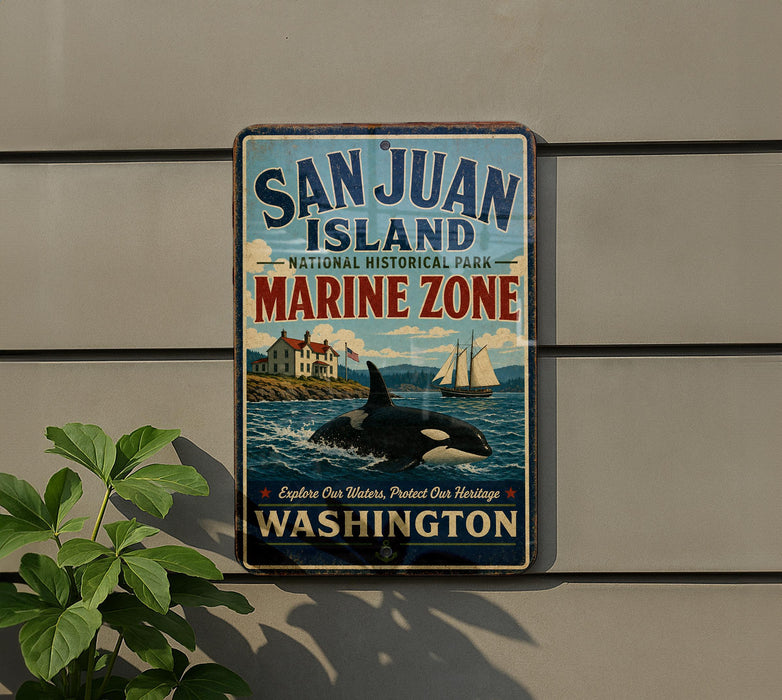 A vintage metal sign for San Juan Island National Historical Park, featuring an image of a whale and a sailboat, mounted on a wall.