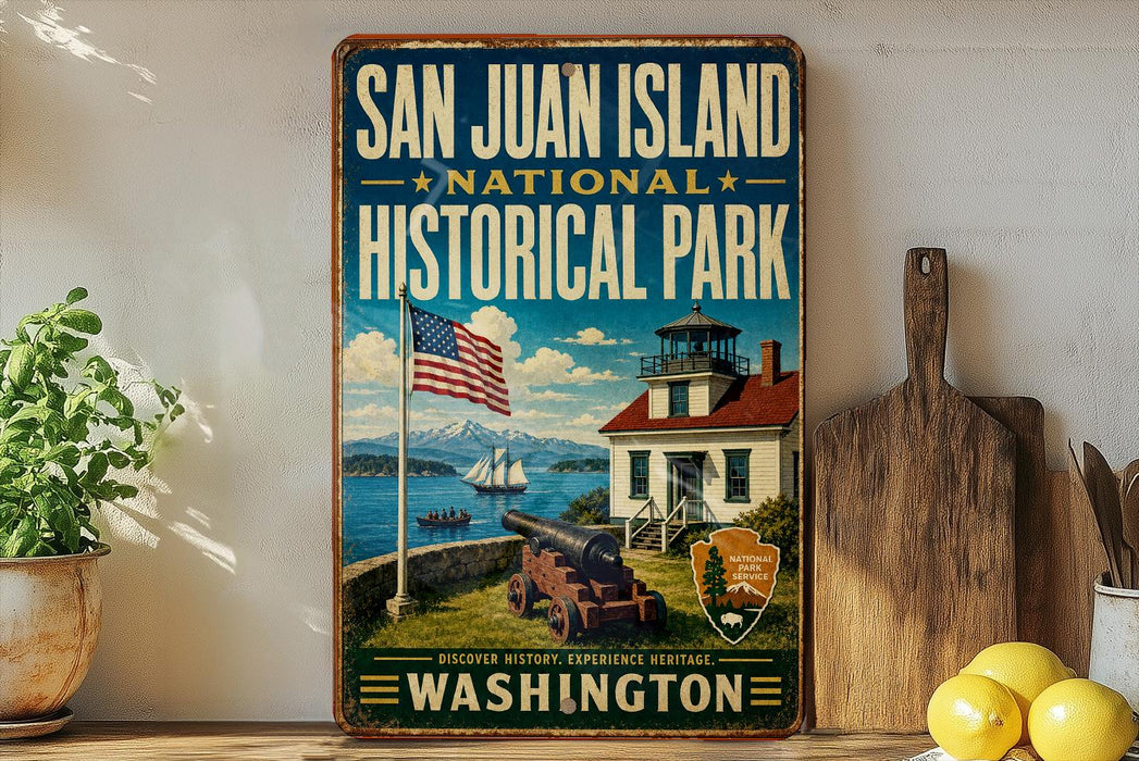 A vintage-style sign for San Juan Island National Historical Park, featuring an American flag, a lighthouse, and a house, is displayed on a shelf next to a wooden cutting board and some lemons.