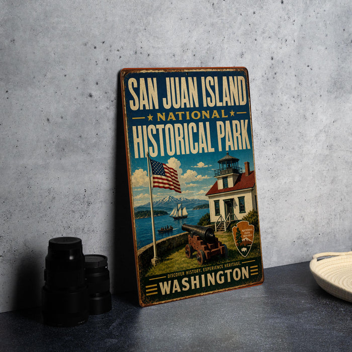 A vintage-style metal sign for San Juan Island National Historical Park, featuring an American flag, a lighthouse, and a house, is displayed on a gray countertop.