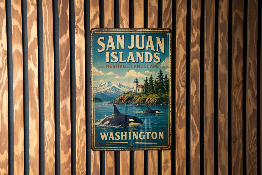 A vintage metal sign for San Juan Islands, Washington, featuring an image of a whale and a lighthouse on a wooden background.