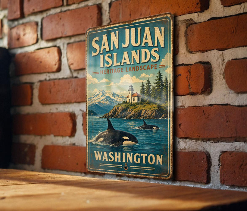 A vintage-style metal sign for San Juan Islands, Washington, featuring an illustration of a whale and a lighthouse on a rocky coastline.