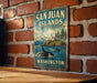 A vintage-style metal sign for San Juan Islands, Washington, featuring an illustration of a whale and a lighthouse on a rocky coastline.