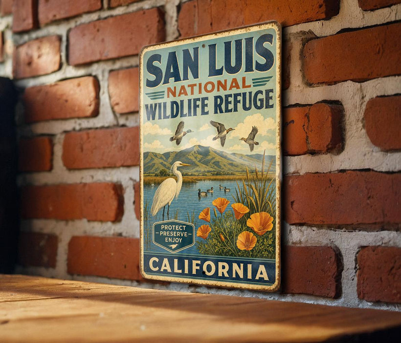 A vintage-style metal sign for the San Luis National Wildlife Refuge in California, featuring a bird and flowers, mounted on a brick wall.