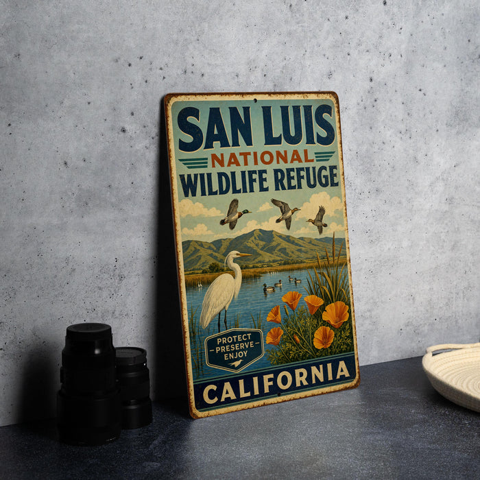 A vintage-style sign for San Luis National Wildlife Refuge in California, featuring an illustration of birds and wildlife in a natural setting.